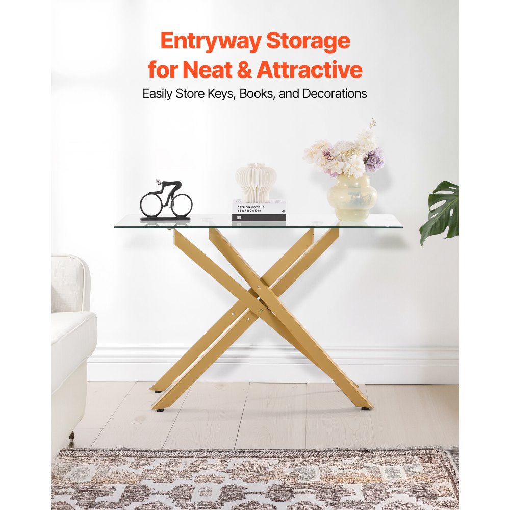 VEVOR Konsolentisch aus Glas, rechteckiger Flurtisch (114,3 cm) mit Platte aus gehärtetem Glas & gekreuzten Beinen aus Eisen, Beistelltisch mit rutschfesten Fußpolstern für Wohnzimmer Flur Foyer