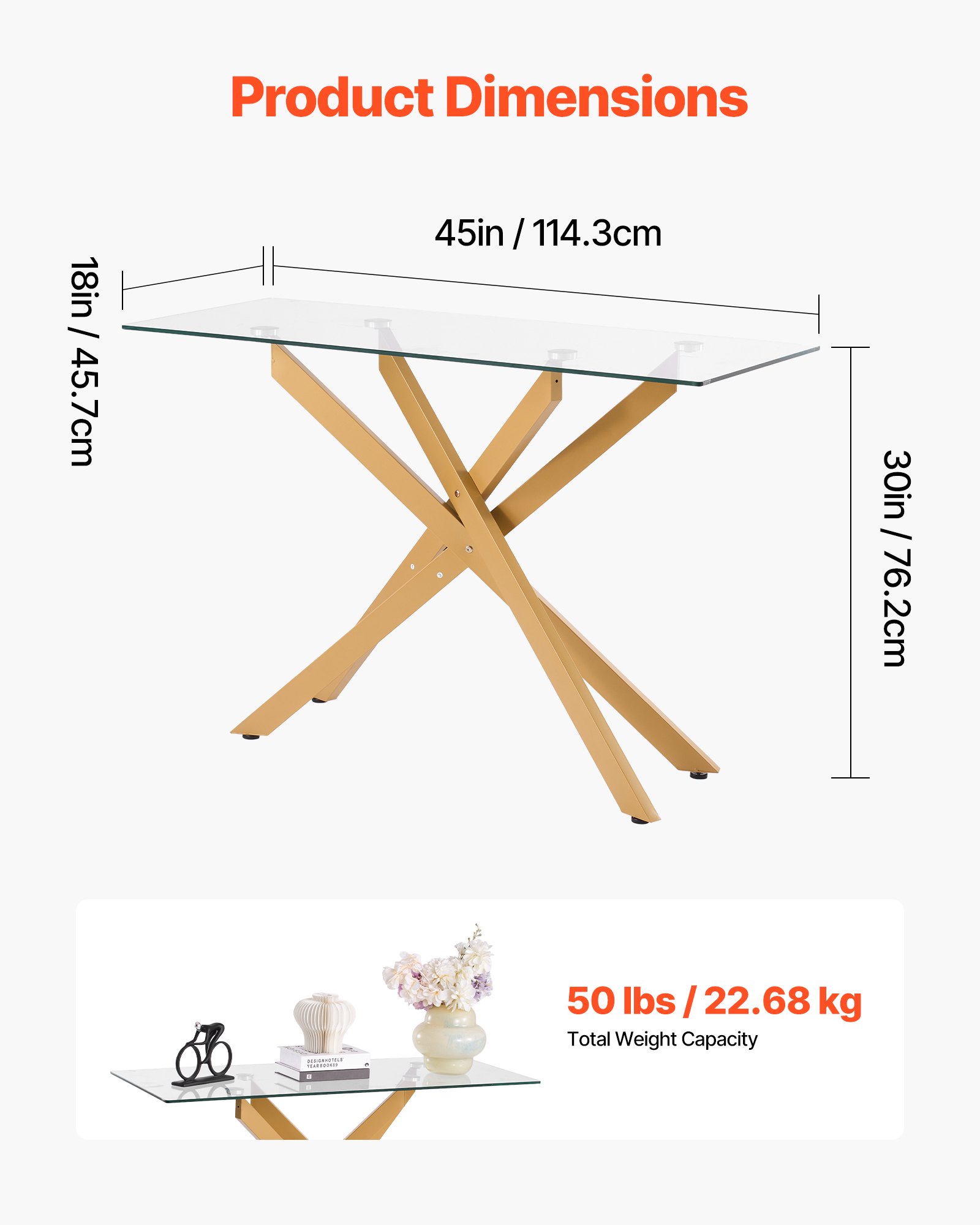 VEVOR Konsolentisch aus Glas, rechteckiger Flurtisch (114,3 cm) mit Platte aus gehärtetem Glas & gekreuzten Beinen aus Eisen, Beistelltisch mit rutschfesten Fußpolstern für Wohnzimmer Flur Foyer