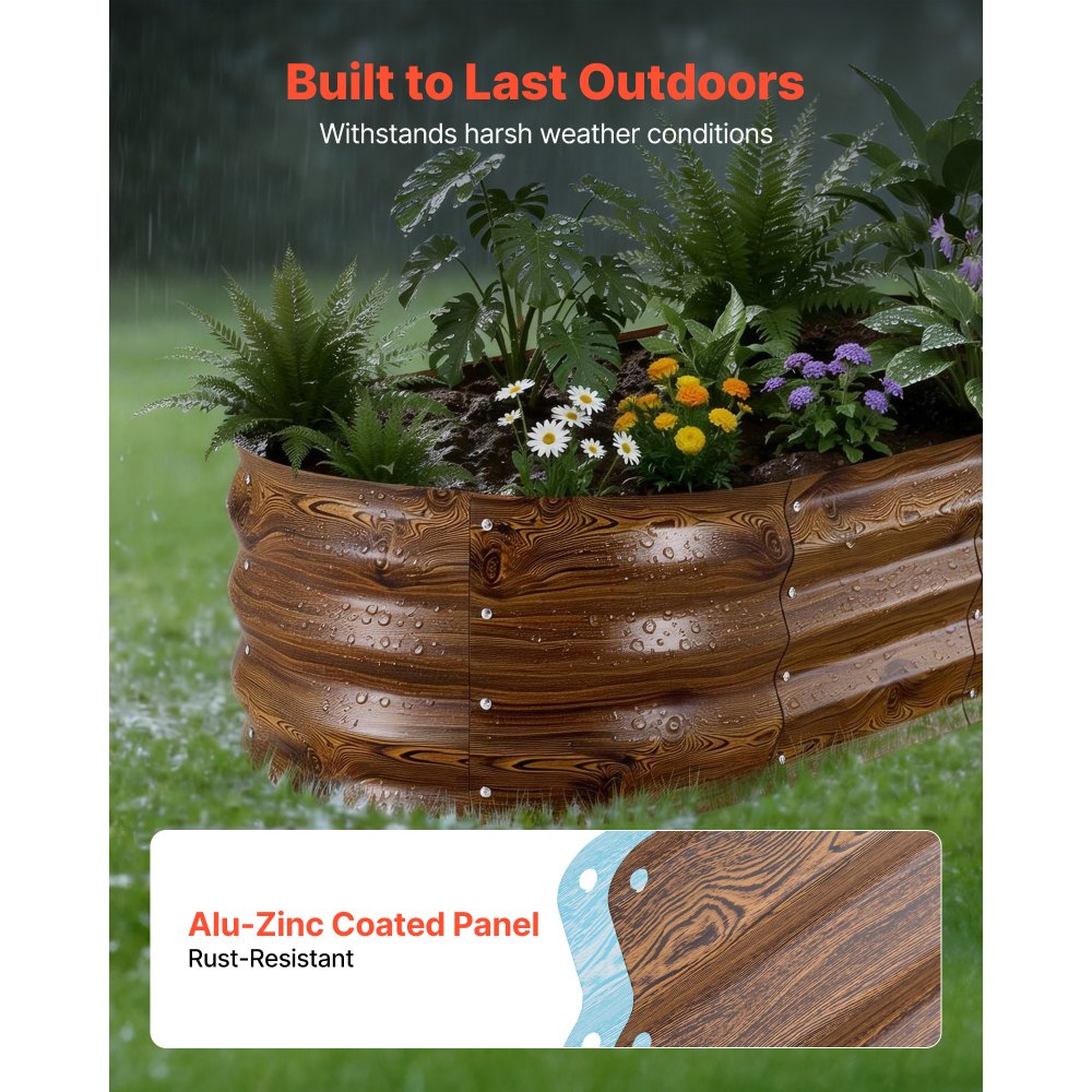 VEVOR 2 Pack Galvanized Raised Garden Beds, 1200 x 600 x 300 mm, Oval Metal Planter Boxes Kit Outdoor, Bottomless Garden Box with Gloves, Alu-Zinc, for Planting Flowers Vegetables, Deep Wood Grain
