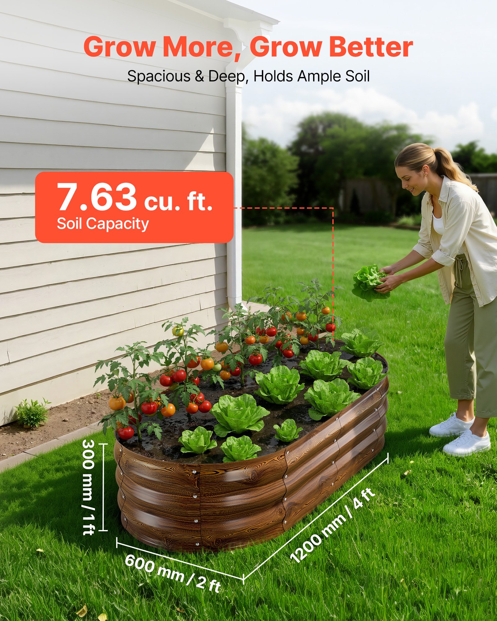 VEVOR 2 Pack Galvanized Raised Garden Beds, 1200 x 600 x 300 mm, Oval Metal Planter Boxes Kit Outdoor, Bottomless Garden Box with Gloves, Alu-Zinc, for Planting Flowers Vegetables, Deep Wood Grain