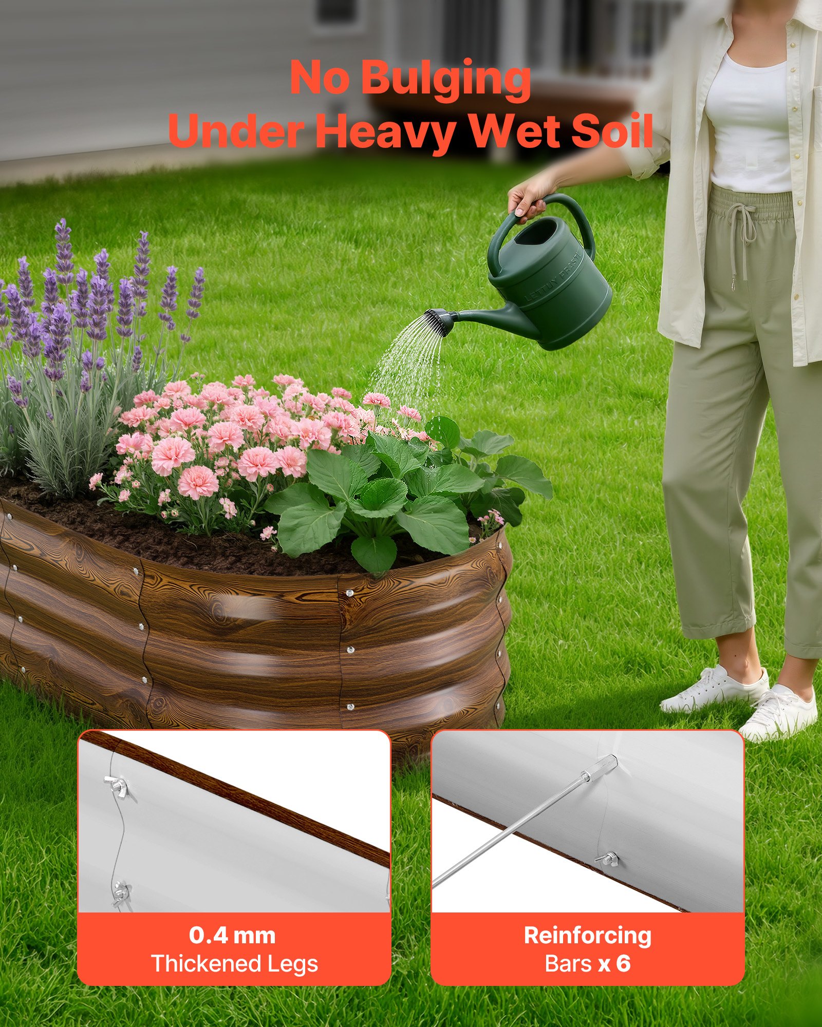 VEVOR 2 Pack Galvanized Raised Garden Beds, 1200 x 600 x 300 mm, Oval Metal Planter Boxes Kit Outdoor, Bottomless Garden Box with Gloves, Alu-Zinc, for Planting Flowers Vegetables, Deep Wood Grain