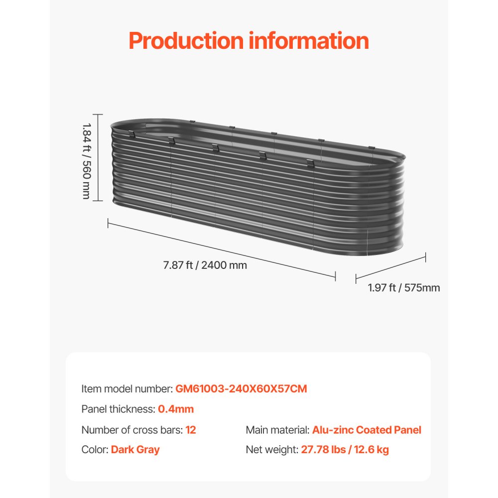 VEVOR Hochbeet aus Metall, 240x60x56cm, verzinkter Pflanzkasten Außenbereich, mit offenem Boden, Pflanzbeet, ovales Gemüsebeet für den Anbau von Gemüse, Blumen, Kräutern und Sukkulenten, dunkelgrau