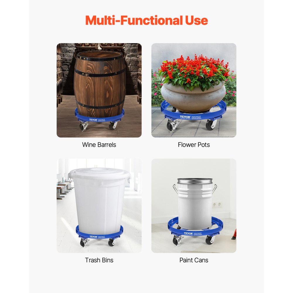 VEVOR Fassroller für 55 Gallonen, 907 kg Tragkraft, Ø615x188mm Transportroller mit Querstreben & 4 Lenkrollen, Kippsicherer Rollwagen für die Handhabung von Fässern im Lager, Blau