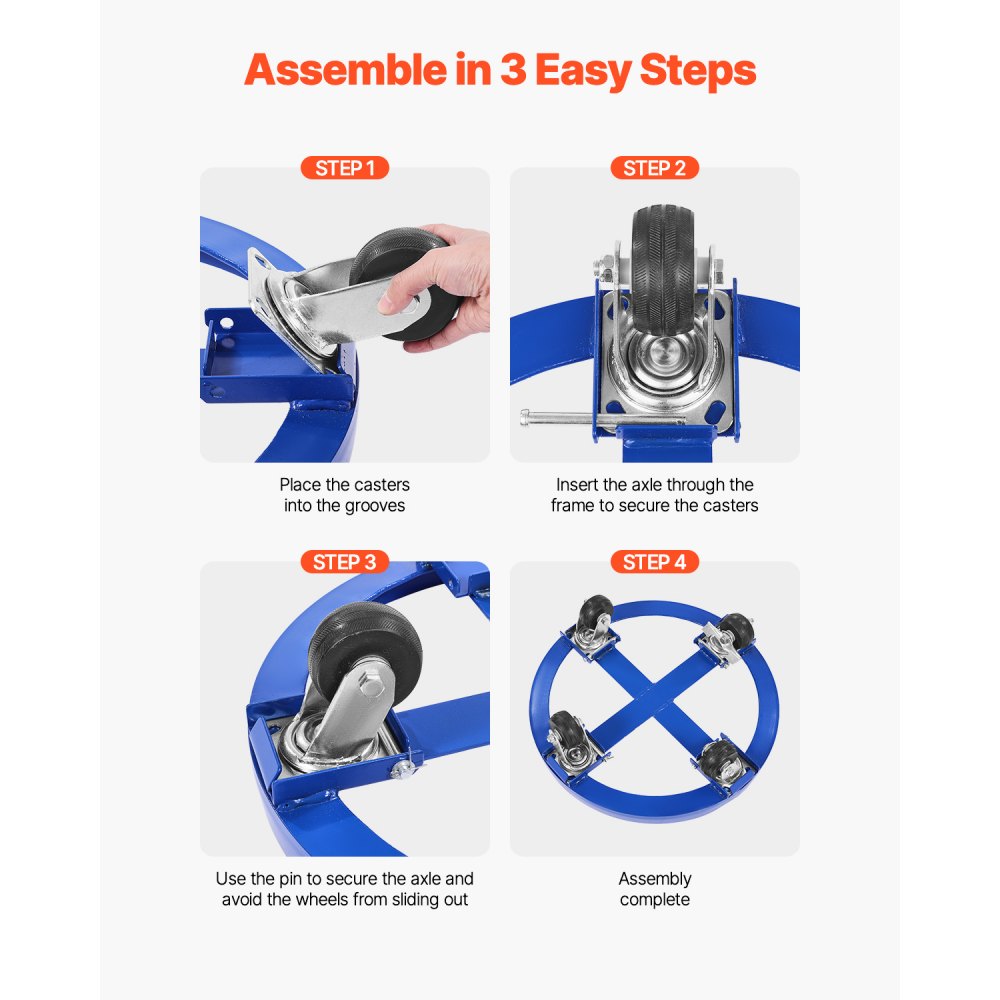 VEVOR Drum Roller for 55 Gallons, 907 kg Load Capacity, Ø615x188mm Transport Roller with Crossbars & 4 Swivel Casters, Tip-Proof Trolley for Handling Drums in Warehouses, Blue