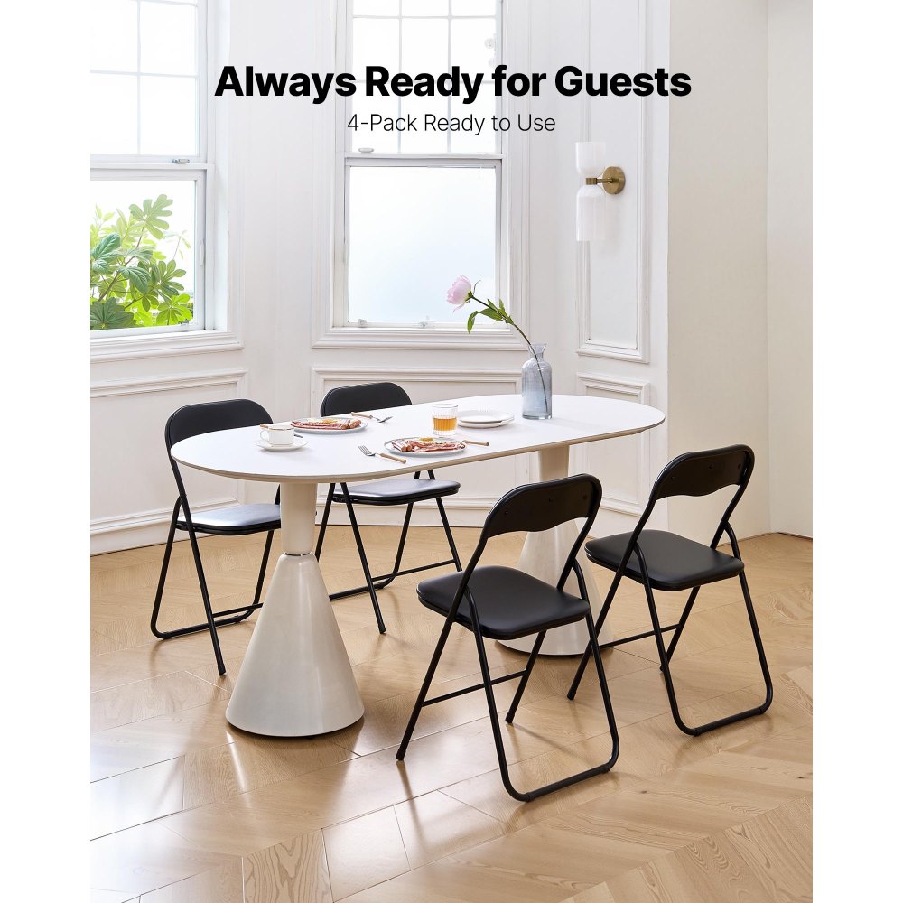 VEVOR 4 Pack Folding Chairs, Foldable Leather Chairs with Heavy Duty Metal Frame & Padded Cushion, Portable Folding Card Table Chairs, Stackable Seats for Home, Yard, Garden, Parties, Events, Black