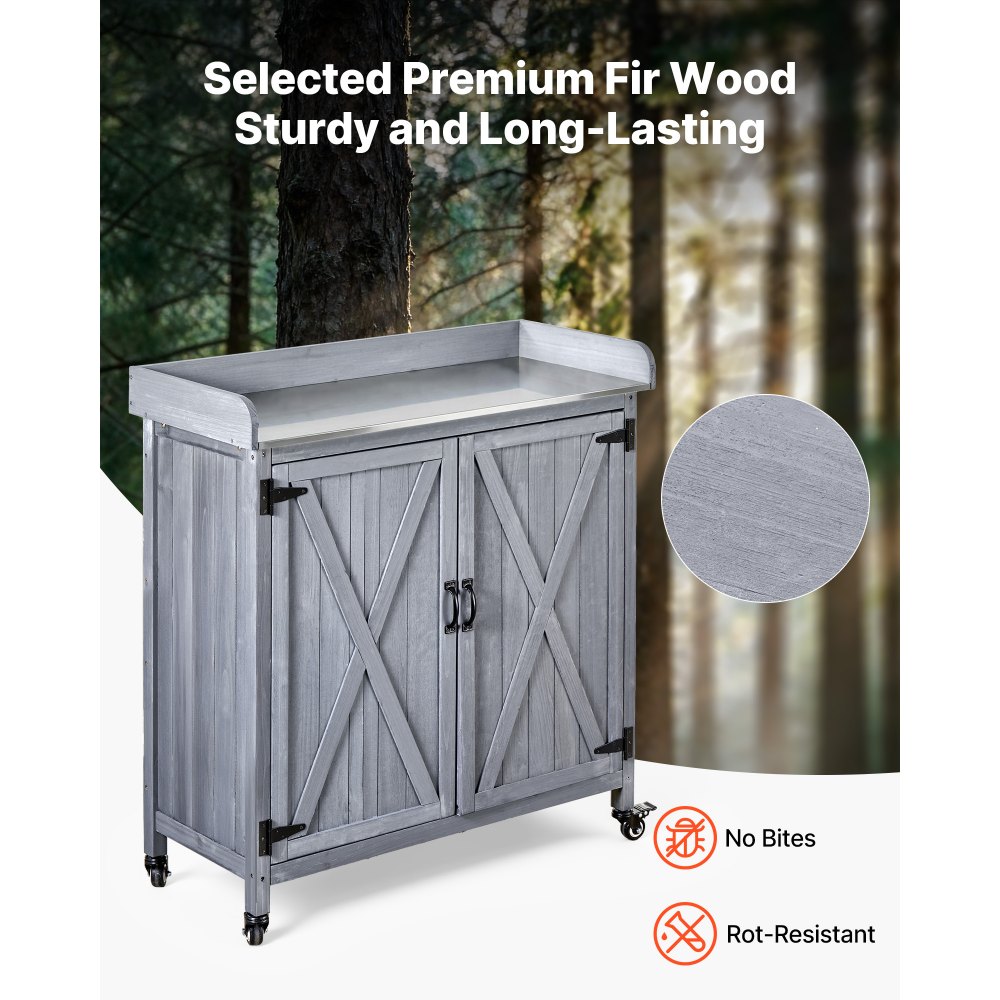 VEVOR Potting Bench Table, Outdoor Gardening Wooden Storage Cabinet with 91.5 x 40.5 cm Galvanized Iron Tabletop, Garden Workstation with Large Storage Space, 4 Casters for Patio, Backyard, Gray