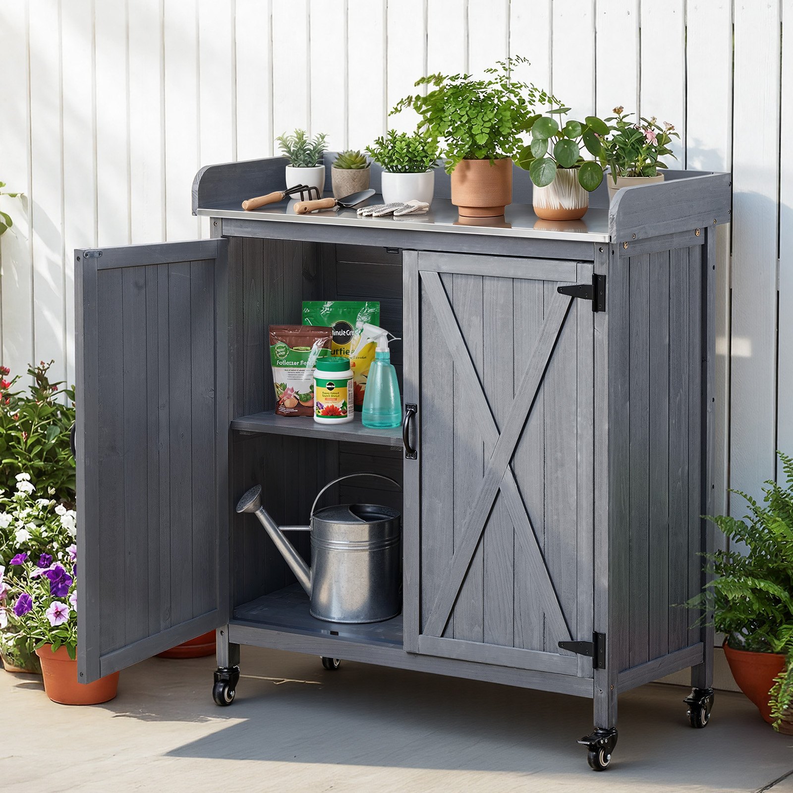 VEVOR Potting Bench Table, Outdoor Gardening Wooden Storage Cabinet with 91.5 x 40.5 cm Galvanized Iron Tabletop, Garden Workstation with Large Storage Space, 4 Casters for Patio, Backyard, Gray