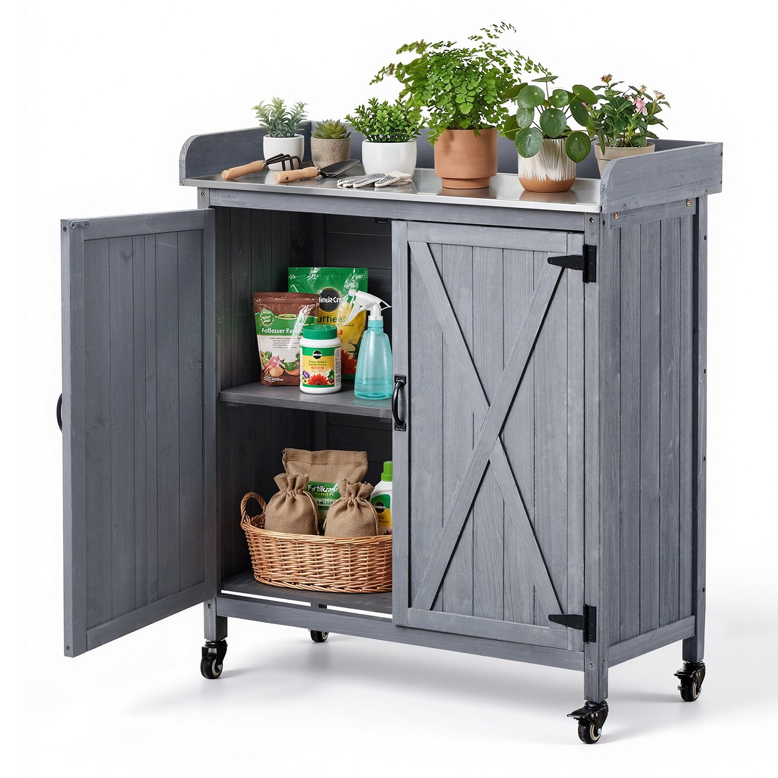 VEVOR Potting Bench Table, Outdoor Gardening Wooden Storage Cabinet with 91.5 x 40.5 cm Galvanized Iron Tabletop, Garden Workstation with Large Storage Space, 4 Casters for Patio, Backyard, Gray