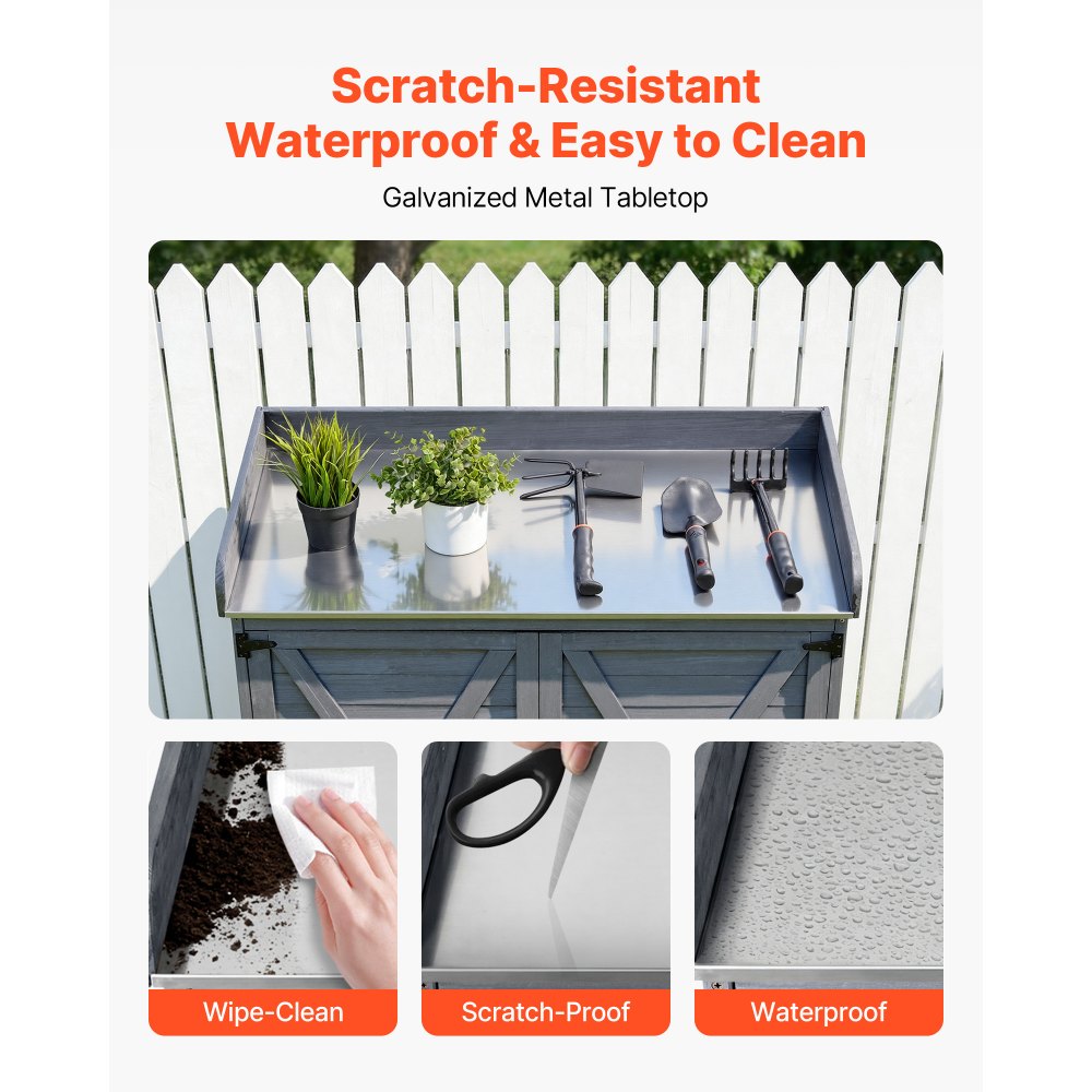 VEVOR Pflanztisch, Gärtnertisch, Gartenarbeitstisch mit Unterschrank & Großer Tischplatte, Gartenschrank mit viel Stauraum, Blumentisch für Terrasse & Garten, Grau, 980x480x950 mm