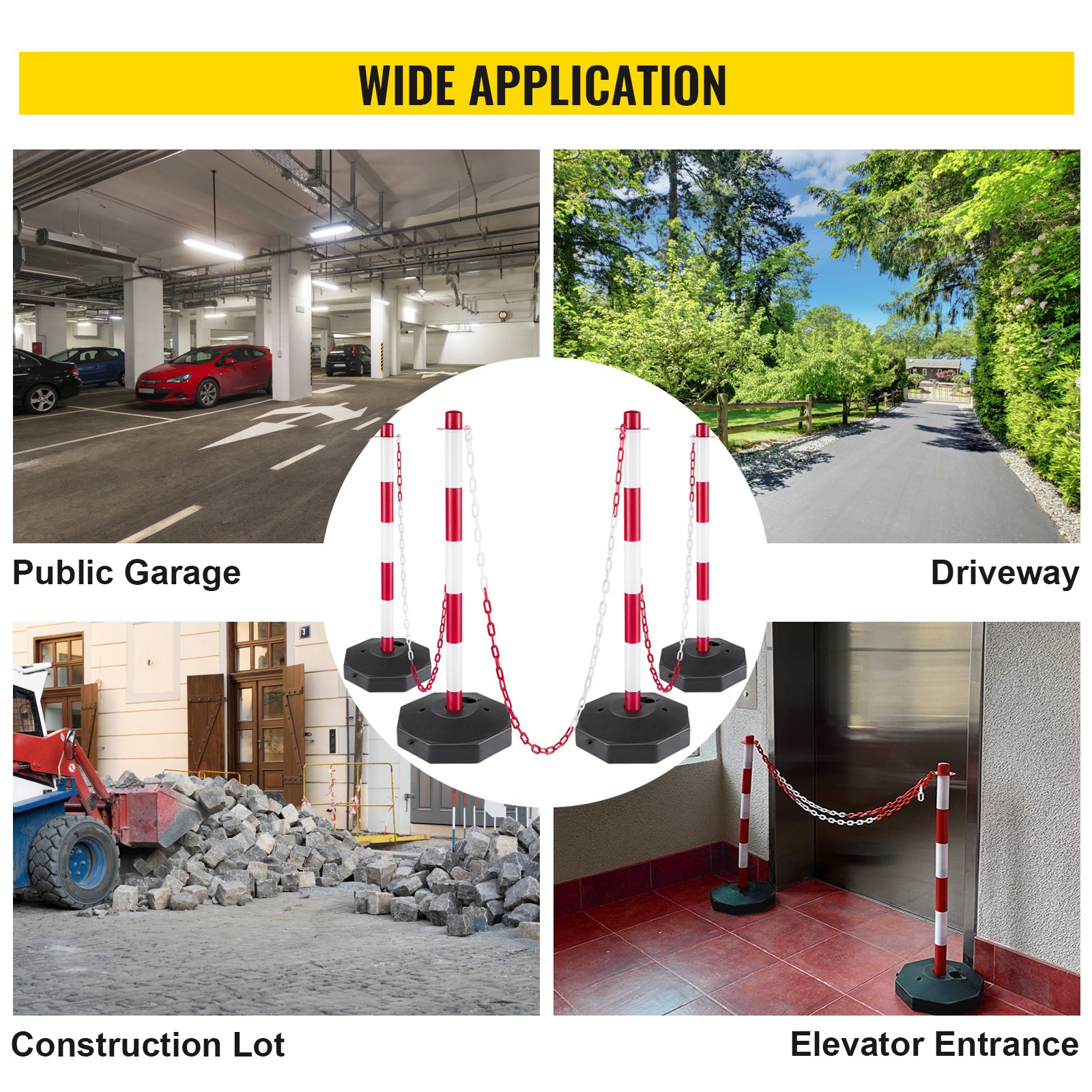 VEVOR Set von 4 Absperrpfosten und 1 Kunststoff-Kette von 10 m Rot und Weiß, Sperrpfosten, Poller Aus PE-Kunststoff für die Verkehrskontrolle oder Warnung an der Auffahrt, Garage, dem Tor usw. Rot