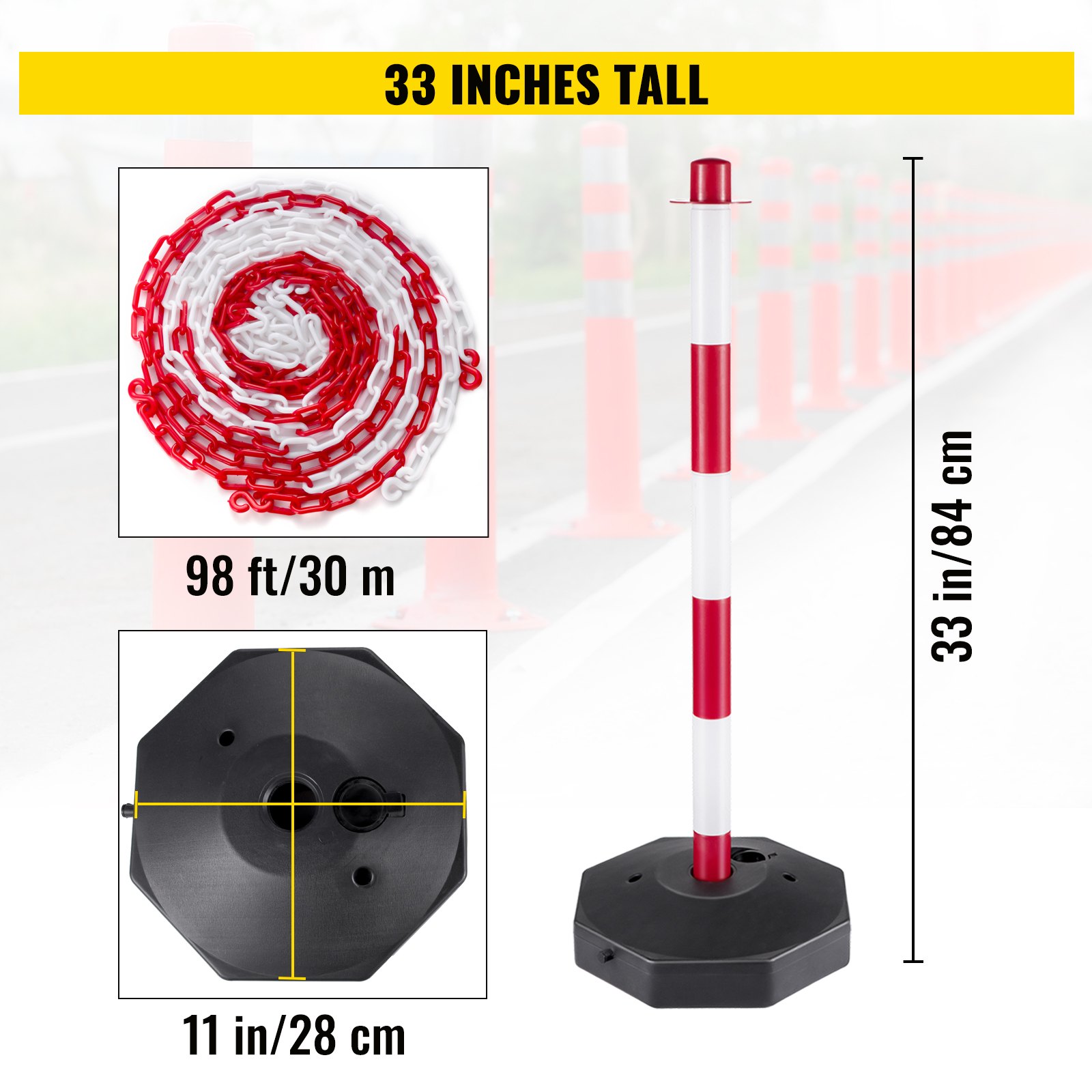 Vevor Set Von 6 Absperrpfosten Und 1 Kunststoff-ketten Von 30 M Rot Und Weiß