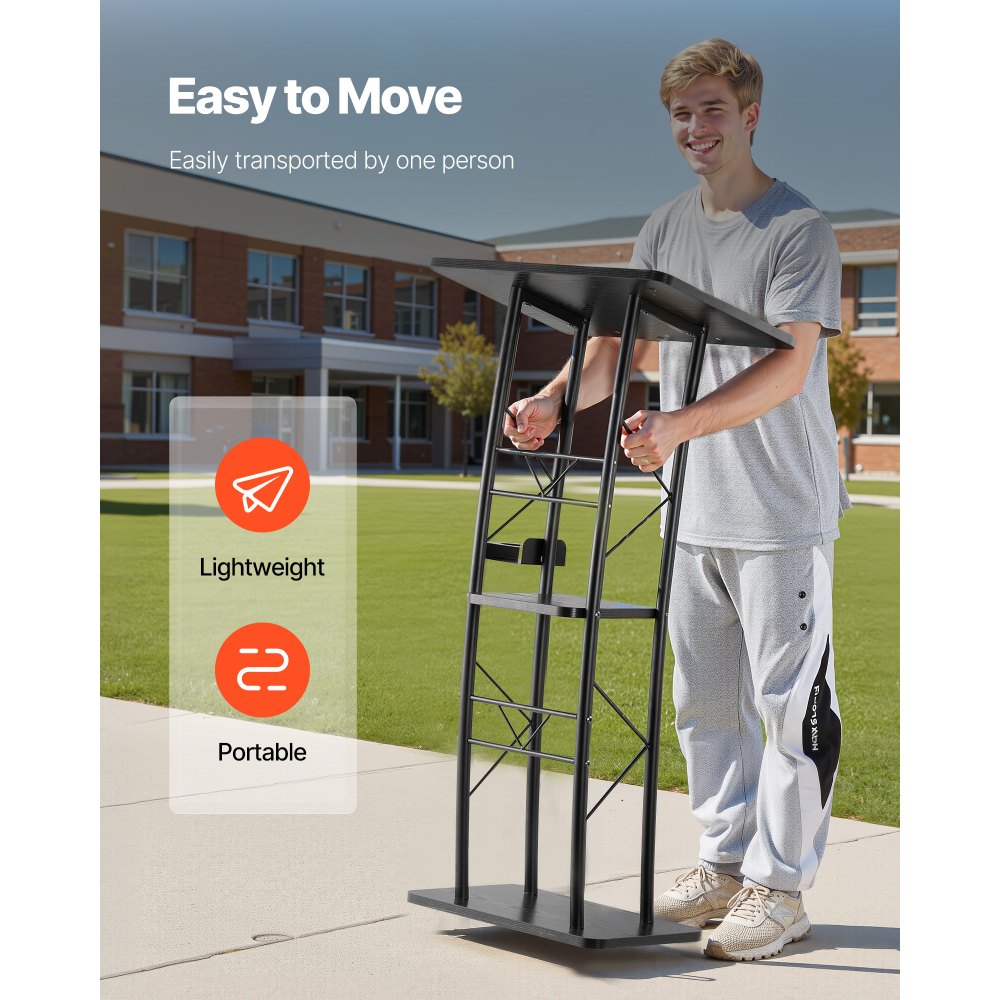 VEVOR Rednerpultständer Metall-Rednerpult (118 cm Höhe), gebogenes Stehpult mit breiter Lesefläche & offenem Ablagefach & Getränkehalter, für Klassenzimmer Hochzeiten Konferenzen Reden