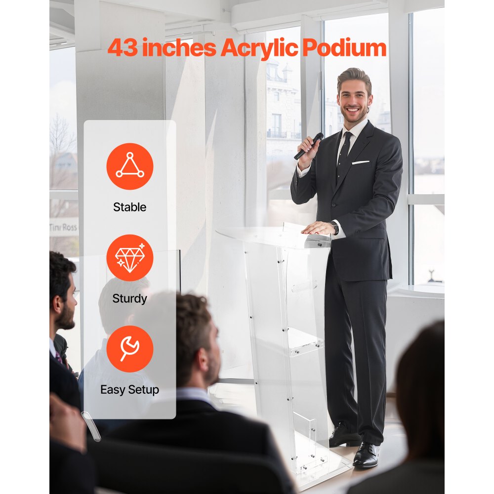 VEVOR Podiumständer Rednerpult (109 cm) aus Acryl, tragbarer Laptop-Schreibtisch mit breiter Lesefläche & Ablagefläche & Buchstopper, bodenstehend, für Klassenzimmer Hochzeiten Konferenzen