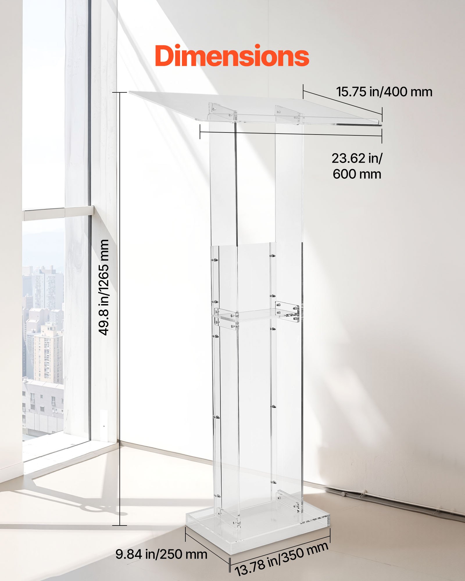 VEVOR Podiumständer Rednerpult (1265 mm) aus Acryl, tragbarer Laptop-Schreibtisch mit breiter Lesefläche & Ablagefläche & Buchstopper, bodenstehend, für Klassenzimmer Hochzeiten Konferenzen