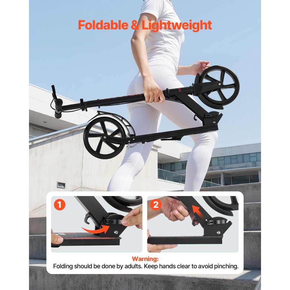 VEVOR Scooter (2 Räder) für Kinder ab 8 Jahren, Cityroller Kinderroller Straßenroller mit höhenverstellbarem Lenker & rutschfestem Deck & Handbremse, faltbarer Tretroller bis zu 100 kg, Schwarz