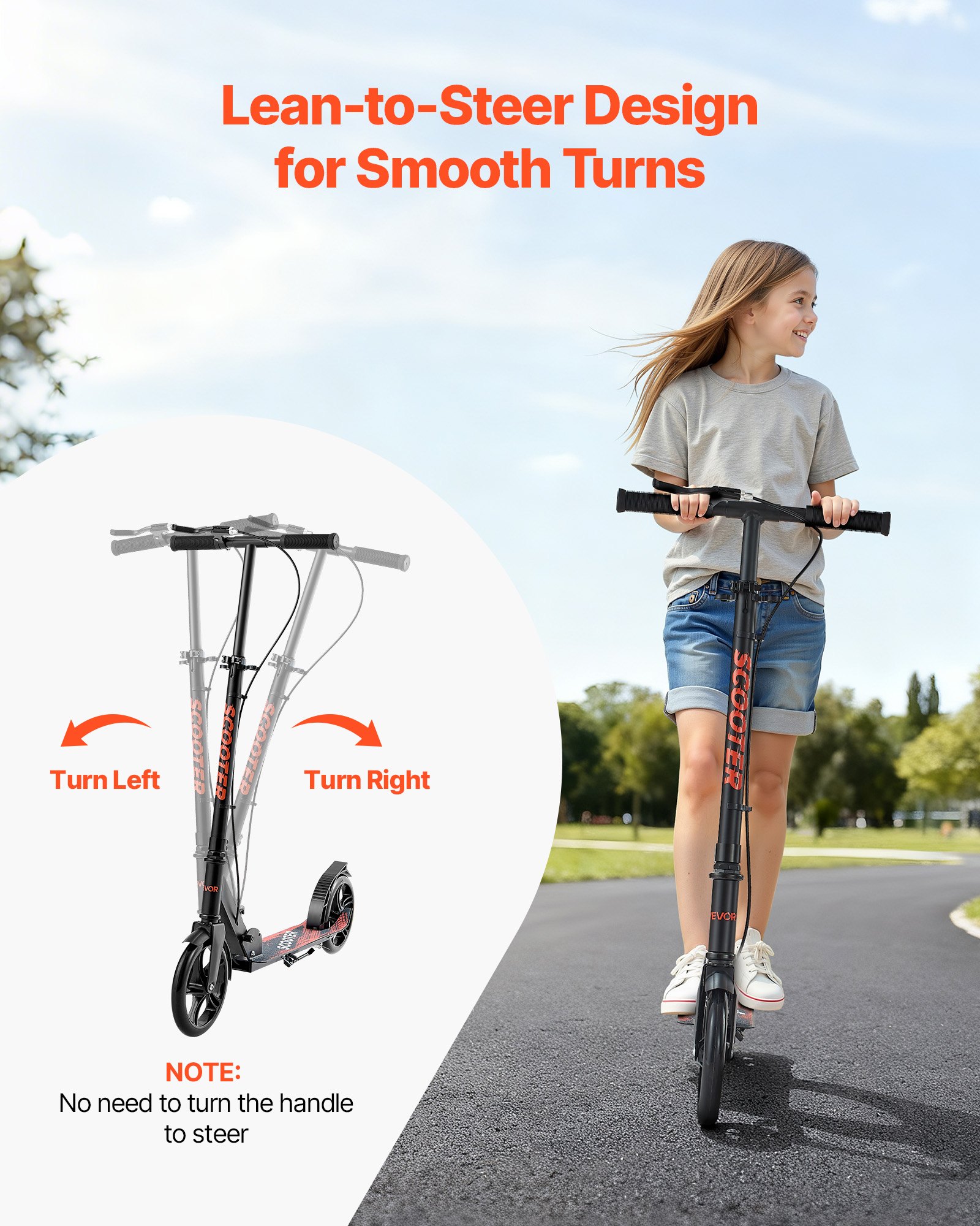 VEVOR Scooter (2 Räder) für Kinder ab 8 Jahren, Cityroller Kinderroller Straßenroller mit höhenverstellbarem Lenker & rutschfestem Deck & Handbremse, faltbarer Tretroller bis zu 100 kg, Schwarz