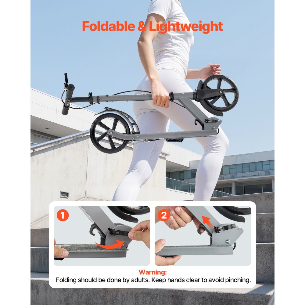 VEVOR Scooter (2 Räder) für Kinder ab 8 Jahren, Cityroller Kinderroller Straßenroller mit höhenverstellbarem Lenker & rutschfestem Deck & Handbremse, faltbarer Tretroller bis zu 100 kg, Grau