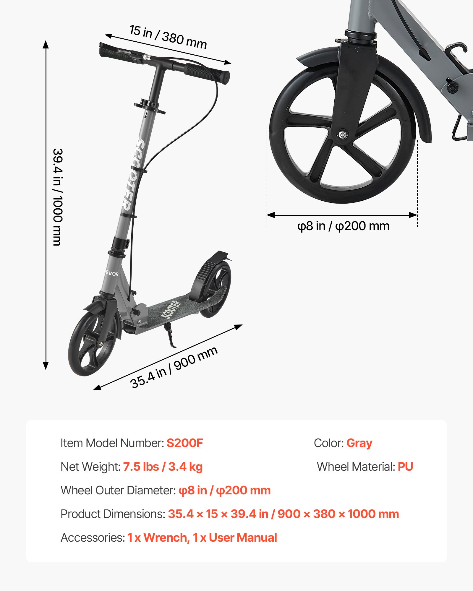 VEVOR Scooter (2 Räder) für Kinder ab 8 Jahren, Cityroller Kinderroller Straßenroller mit höhenverstellbarem Lenker & rutschfestem Deck & Handbremse, faltbarer Tretroller bis zu 100 kg, Grau