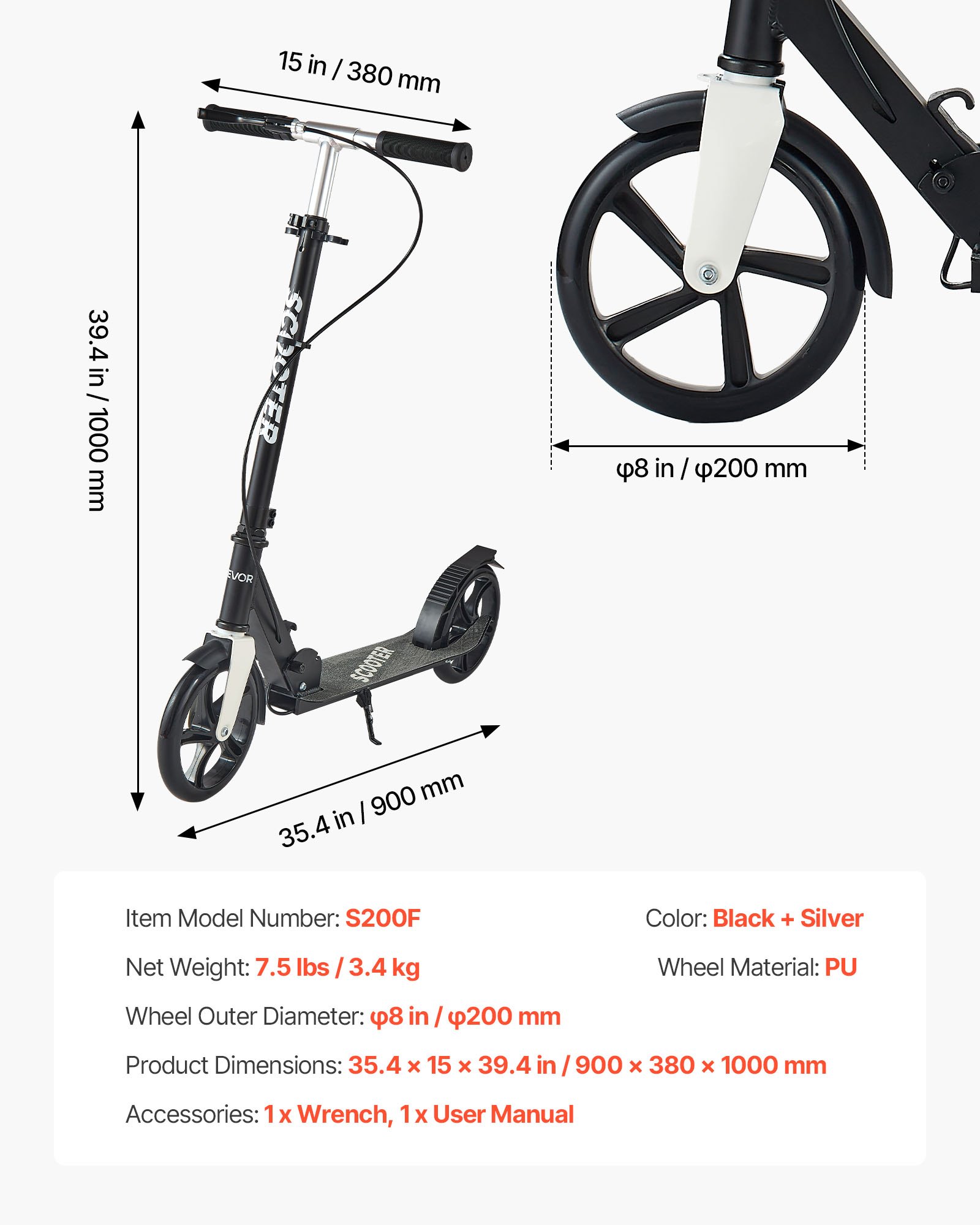 VEVOR Scooter (2 Räder) für Kinder ab 8 Jahren, Cityroller Kinderroller Straßenroller mit höhenverstellbarem Lenker & rutschfestem Deck & Handbremse, Tretroller bis zu 100 kg, Schwarz + Silber