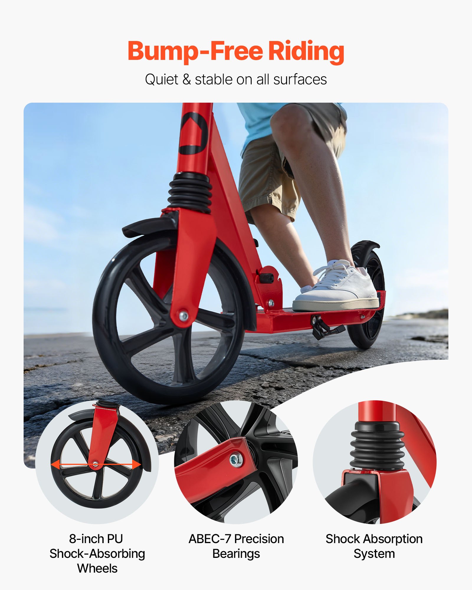 VEVOR Scooter (2 Räder) für Kinder ab 8 Jahren, Cityroller Kinderroller Straßenroller mit höhenverstellbarem Lenker & rutschfestem Deck, faltbarer Tretroller bis zu 100 kg, Schwarz + Rot