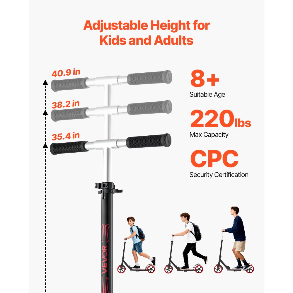 VEVOR Scooter (2 Räder) für Kinder ab 8 Jahren, Cityroller Straßenroller mit höhenverstellbarem Lenker & rutschfestem Deck & leichtem Rahmen, faltbarer Tretroller bis zu 100 kg, Schwarz + Rot