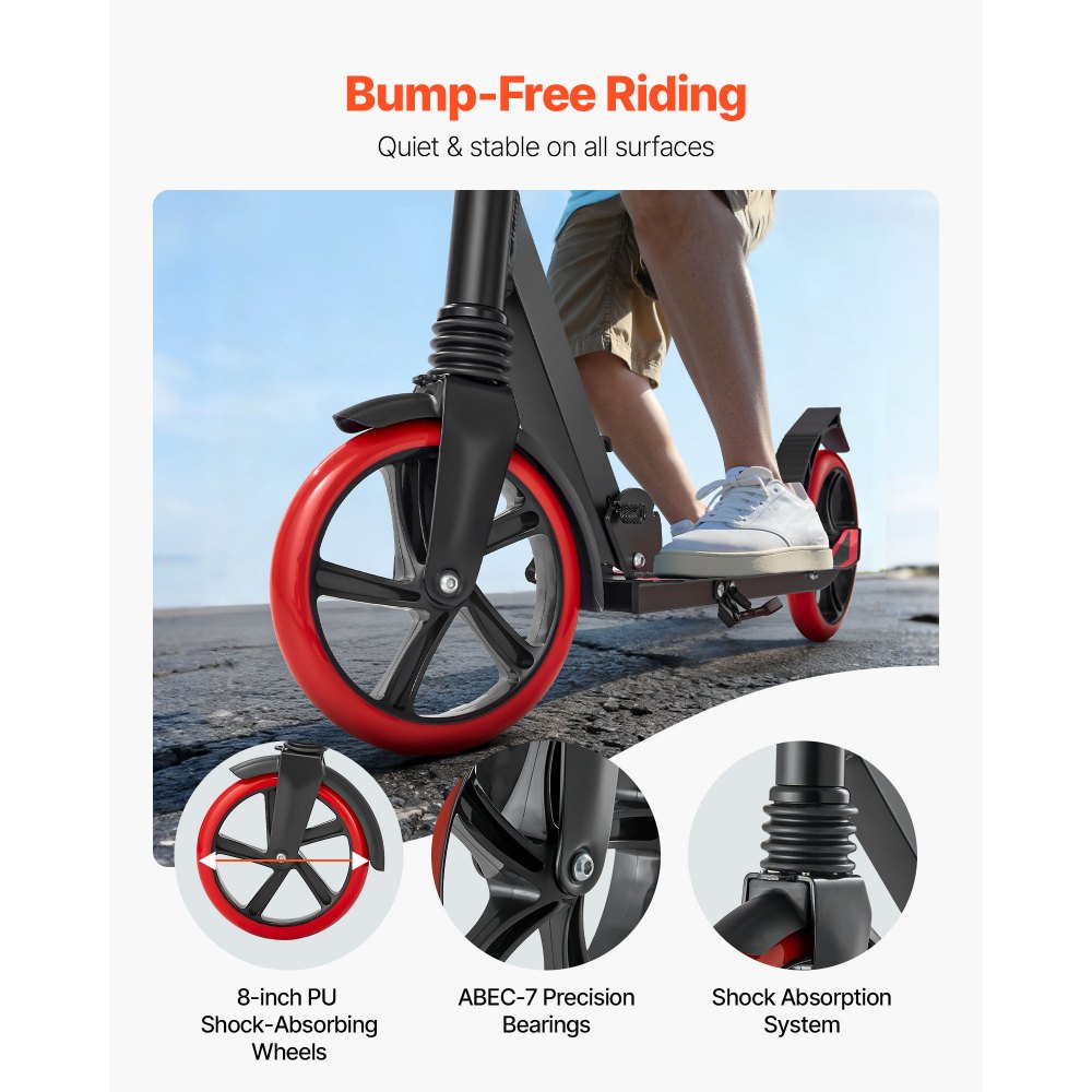 VEVOR Scooter (2 Räder) für Kinder ab 8 Jahren, Cityroller Straßenroller mit höhenverstellbarem Lenker & rutschfestem Deck & leichtem Rahmen, faltbarer Tretroller bis zu 100 kg, Schwarz + Rot