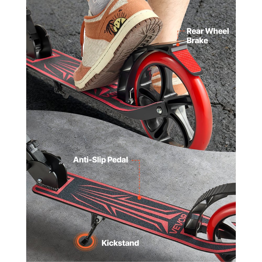 VEVOR Scooter (2 Räder) für Kinder ab 8 Jahren, Cityroller Straßenroller mit höhenverstellbarem Lenker & rutschfestem Deck & leichtem Rahmen, faltbarer Tretroller bis zu 100 kg, Schwarz + Rot