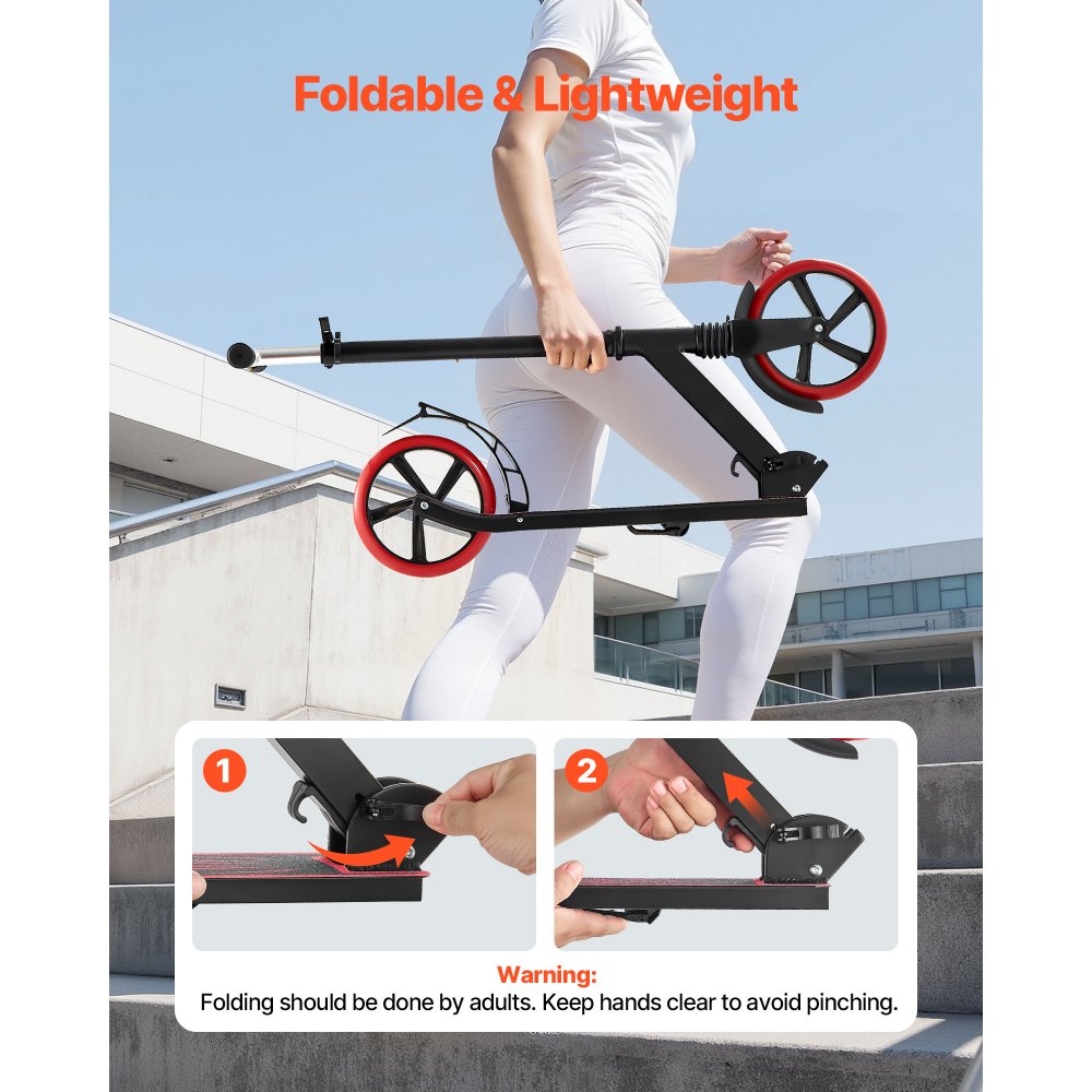 VEVOR Scooter (2 Räder) für Kinder ab 8 Jahren, Cityroller Straßenroller mit höhenverstellbarem Lenker & rutschfestem Deck & leichtem Rahmen, faltbarer Tretroller bis zu 100 kg, Schwarz + Rot