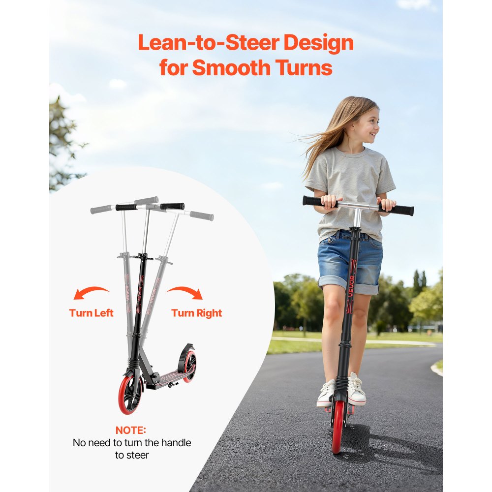 VEVOR Scooter (2 Räder) für Kinder ab 8 Jahren, Cityroller Straßenroller mit höhenverstellbarem Lenker & rutschfestem Deck & leichtem Rahmen, faltbarer Tretroller bis zu 100 kg, Schwarz + Rot