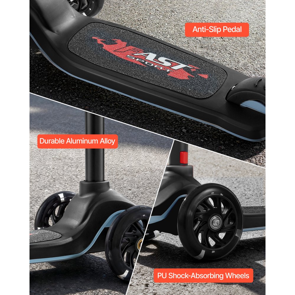 VEVOR Scooter (3 Räder) ab 3 Jahren, Cityroller Kinderroller mit leuchtenden Rädern & höhenverstellbarem Lenker & rutschfestem Deck & leichtem Aluminiumrahmen, Tretroller bis zu 75 kg, Schwarz