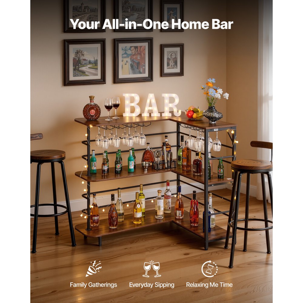 VEVOR L-Förmige Hausbar mit Stauraum, Bartheke mit 3 Ebenen & Weinglashalter, 99,8 kg Belastbar, Eck-Bartresen aus Holzwerkstoff für Zuhause Küche Wohnzimmer Keller, Bartisch 1200 x 900 x 1095 mm