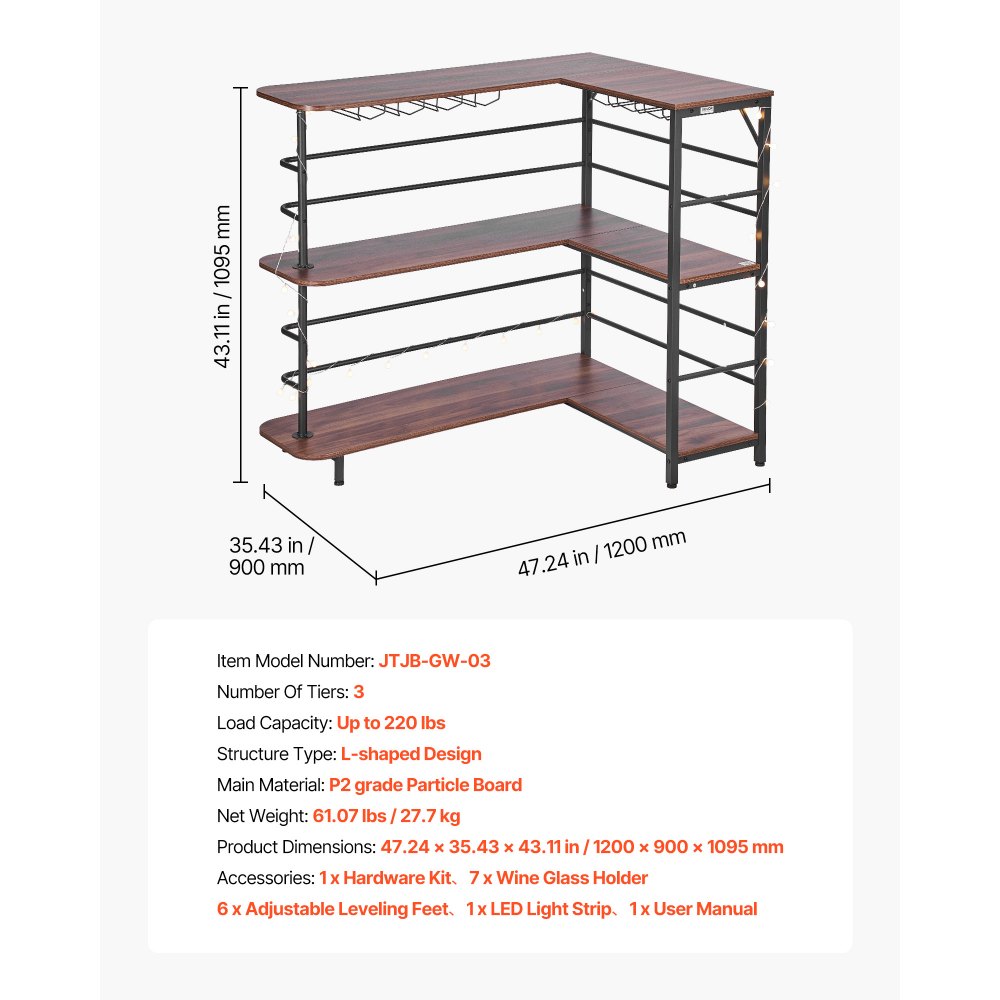 VEVOR L-Förmige Hausbar mit Stauraum, Bartheke mit 3 Ebenen & Weinglashalter, 99,8 kg Belastbar, Eck-Bartresen aus Holzwerkstoff für Zuhause Küche Wohnzimmer Keller, Bartisch 1200 x 900 x 1095 mm