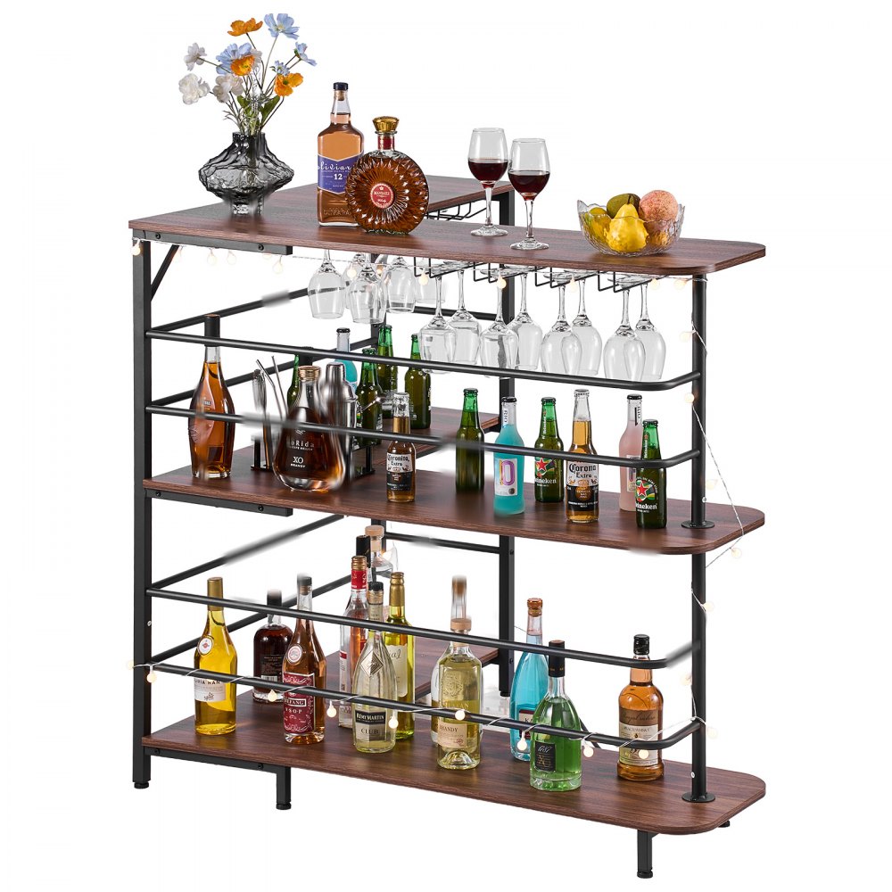 VEVOR L-Förmige Hausbar mit Stauraum, Bartheke mit 3 Ebenen & Weinglashalter, 99,8 kg Belastbar, Eck-Bartresen aus Holzwerkstoff für Zuhause Küche Wohnzimmer Keller, Bartisch 1200 x 900 x 1095 mm