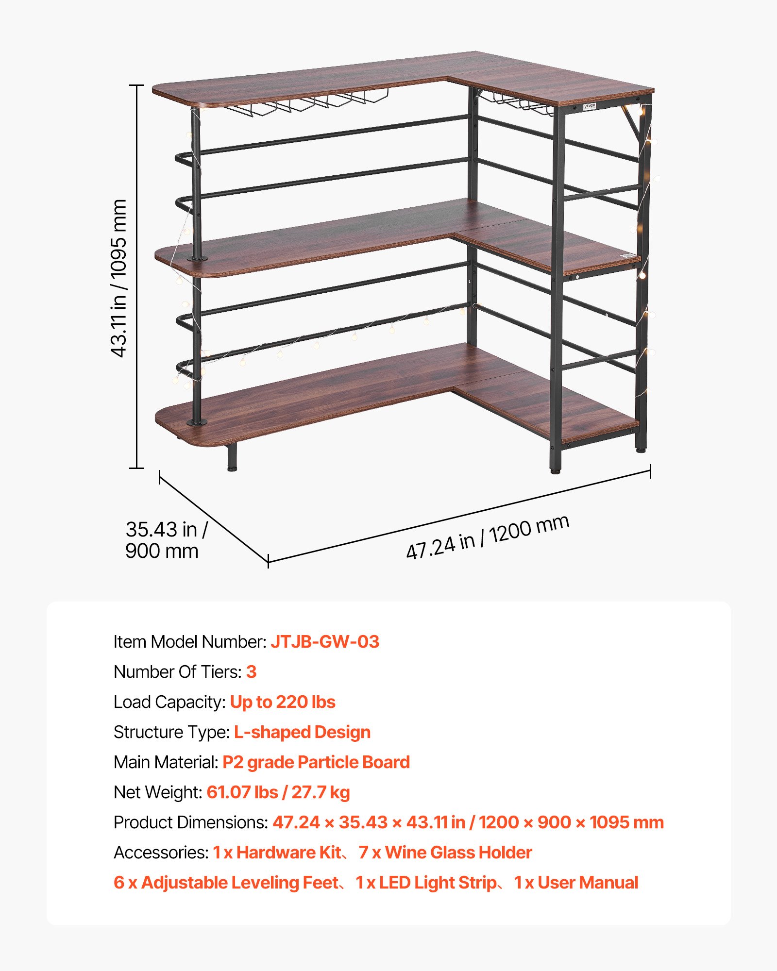 VEVOR L-Förmige Hausbar mit Stauraum, Bartheke mit 3 Ebenen & Weinglashalter, 99,8 kg Belastbar, Eck-Bartresen aus Holzwerkstoff für Zuhause Küche Wohnzimmer Keller, Bartisch 1200 x 900 x 1095 mm