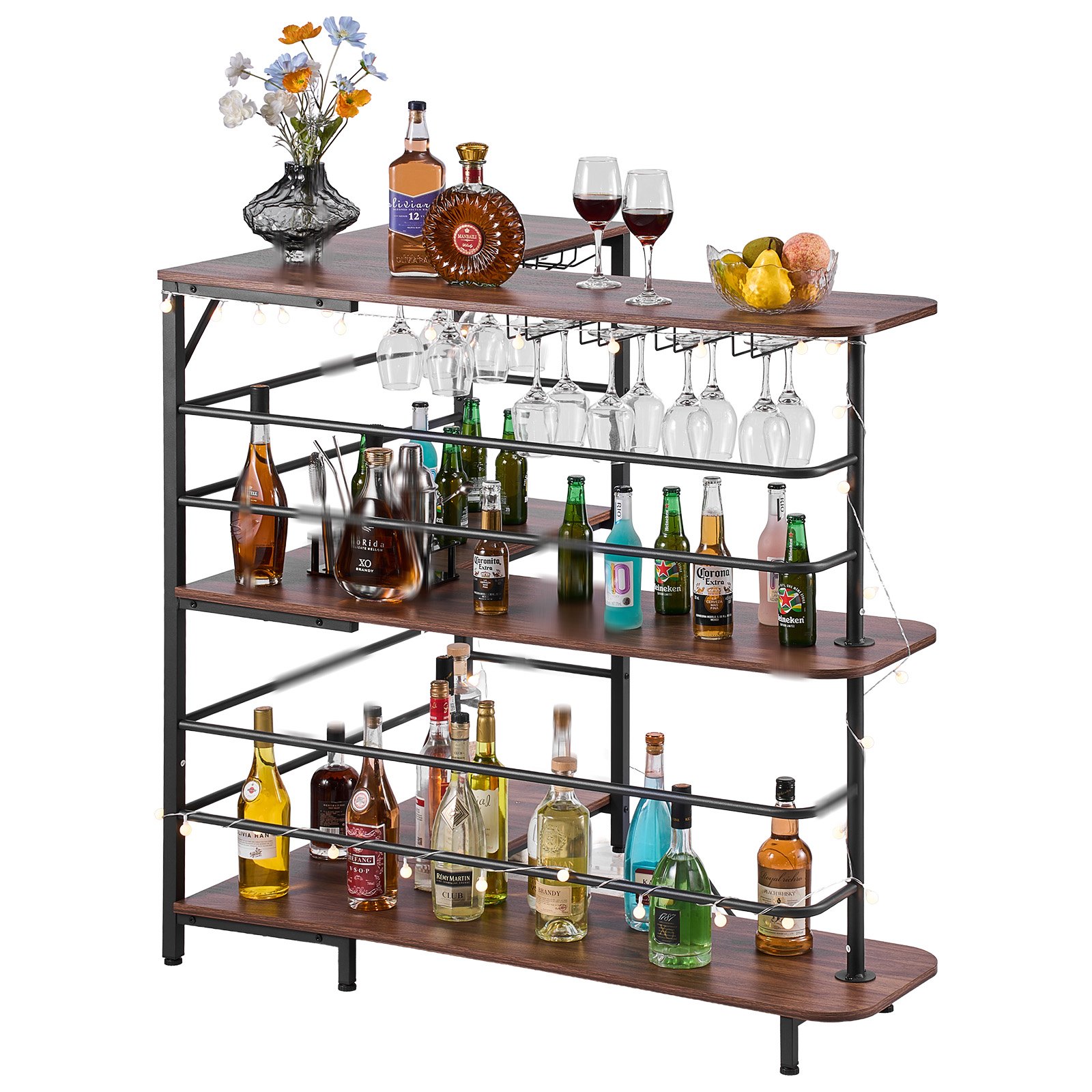 VEVOR L-Förmige Hausbar mit Stauraum, Bartheke mit 3 Ebenen & Weinglashalter, 99,8 kg Belastbar, Eck-Bartresen aus Holzwerkstoff für Zuhause Küche Wohnzimmer Keller, Bartisch 1200 x 900 x 1095 mm