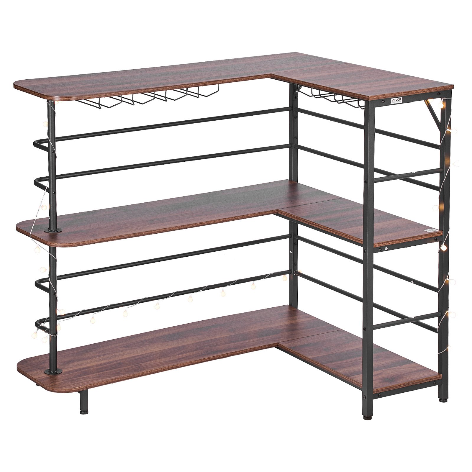 VEVOR L-Förmige Hausbar mit Stauraum, Bartheke mit 3 Ebenen & Weinglashalter, 99,8 kg Belastbar, Eck-Bartresen aus Holzwerkstoff für Zuhause Küche Wohnzimmer Keller, Bartisch 1200 x 900 x 1095 mm