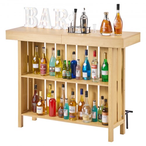 VEVOR Hausbar mit 3 Ebenen, Bartresen aus Holzwerkstoff mit Fußstütze & Flaschenöffner-Halter, Moderne Bartheke mit viel Stauraum für Wohnzimmer & Keller, Belastbar bis 81,6 kg, 1400 x 398 x 1055 mm