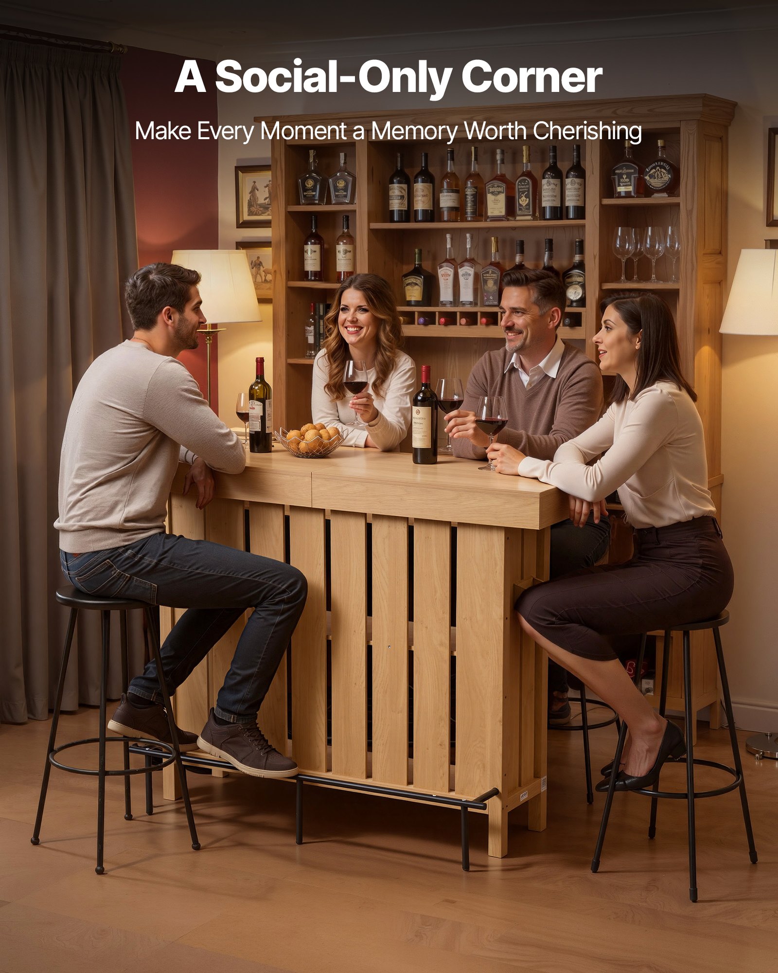 VEVOR Home Bar Unit, Wine Bar Cabinet Table 3-Tier with Storage Shelves, Opener Storage Box & Adjustable Foot Pads, Black Footrest, Wood & Metal Liquor Cabinet for Home, Basement, Kitchen, Living Room