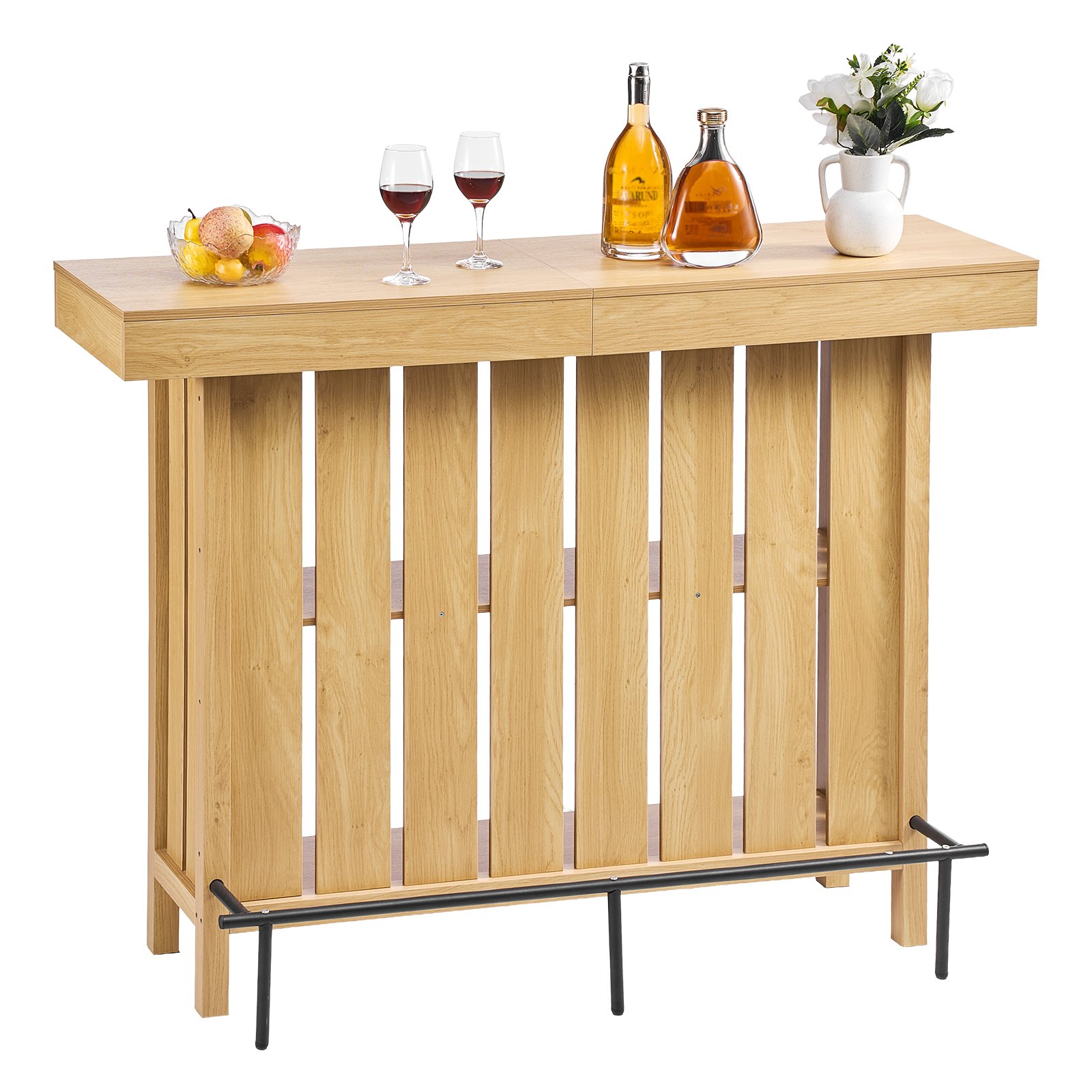 VEVOR Home Bar Unit, Wine Bar Cabinet Table 3-Tier with Storage Shelves, Opener Storage Box & Adjustable Foot Pads, Black Footrest, Wood & Metal Liquor Cabinet for Home, Basement, Kitchen, Living Room