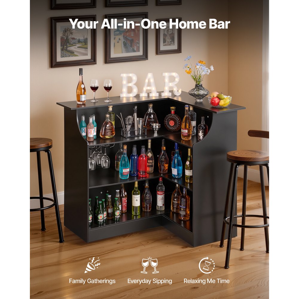 VEVOR L-Förmige Hausbar mit Stauraum, Bartheke mit 4 Ebenen & Weinglashalter, 136 kg Belastbar, Eck-Bartresen aus Holzwerkstoff für Zuhause Küche Wohnzimmer Keller, Bartisch 130 x 100 x 112 cm Schwarz