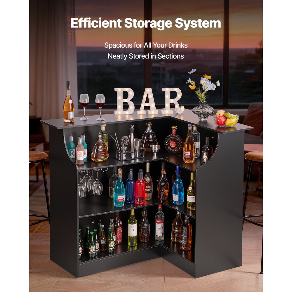 VEVOR L-Förmige Hausbar mit Stauraum, Bartheke mit 4 Ebenen & Weinglashalter, 136 kg Belastbar, Eck-Bartresen aus Holzwerkstoff für Zuhause Küche Wohnzimmer Keller, Bartisch 130 x 100 x 112 cm Schwarz