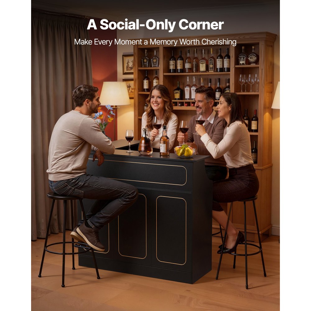 VEVOR L-Förmige Hausbar mit Stauraum, Bartheke mit 4 Ebenen & Weinglashalter, 136 kg Belastbar, Eck-Bartresen aus Holzwerkstoff für Zuhause Küche Wohnzimmer Keller, Bartisch 130 x 100 x 112 cm Schwarz