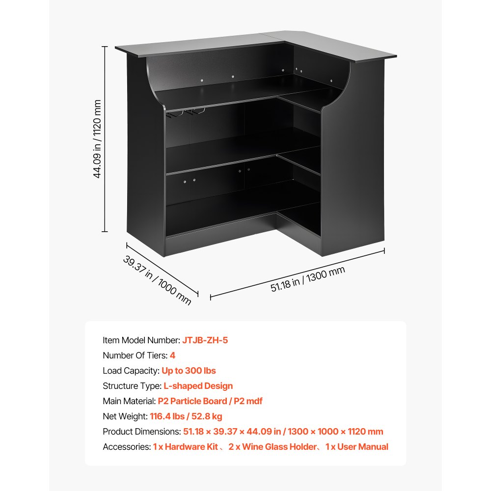 VEVOR L-Förmige Hausbar mit Stauraum, Bartheke mit 4 Ebenen & Weinglashalter, 136 kg Belastbar, Eck-Bartresen aus Holzwerkstoff für Zuhause Küche Wohnzimmer Keller, Bartisch 130 x 100 x 112 cm Schwarz