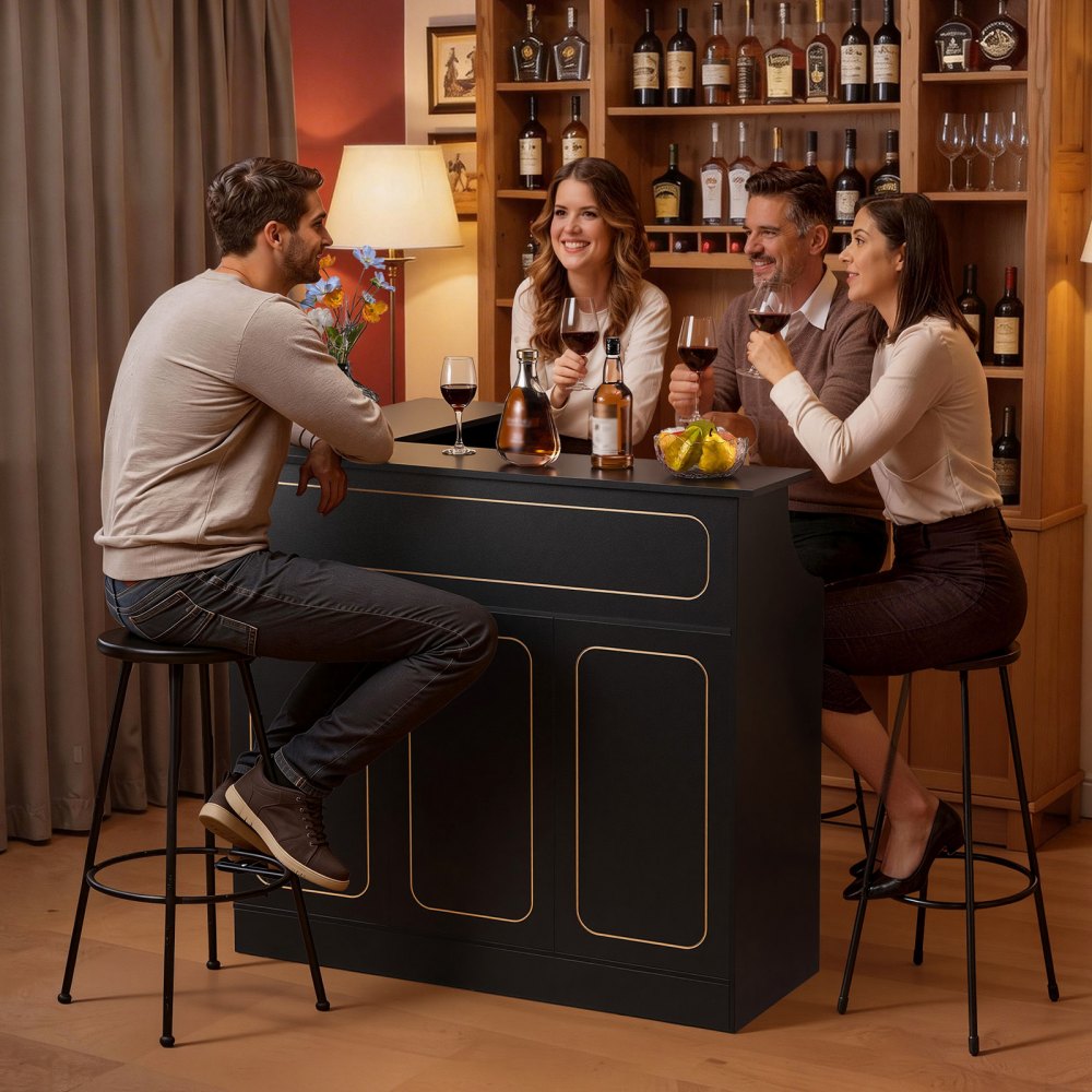 VEVOR L-Förmige Hausbar mit Stauraum, Bartheke mit 4 Ebenen & Weinglashalter, 136 kg Belastbar, Eck-Bartresen aus Holzwerkstoff für Zuhause Küche Wohnzimmer Keller, Bartisch 130 x 100 x 112 cm Schwarz