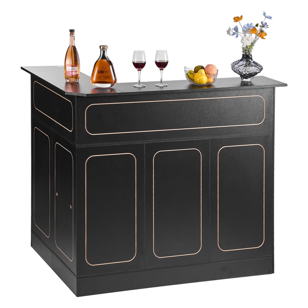 VEVOR L-Förmige Hausbar mit Stauraum, Bartheke mit 4 Ebenen & Weinglashalter, 136 kg Belastbar, Eck-Bartresen aus Holzwerkstoff für Zuhause Küche Wohnzimmer Keller, Bartisch 130 x 100 x 112 cm Schwarz