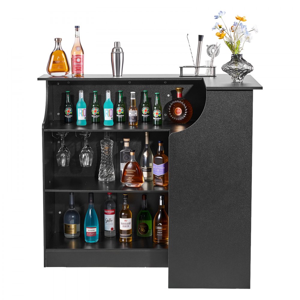VEVOR L-Förmige Hausbar mit Stauraum, Bartheke mit 4 Ebenen & Weinglashalter, 136 kg Belastbar, Eck-Bartresen aus Holzwerkstoff für Zuhause Küche Wohnzimmer Keller, Bartisch 130 x 100 x 112 cm Schwarz