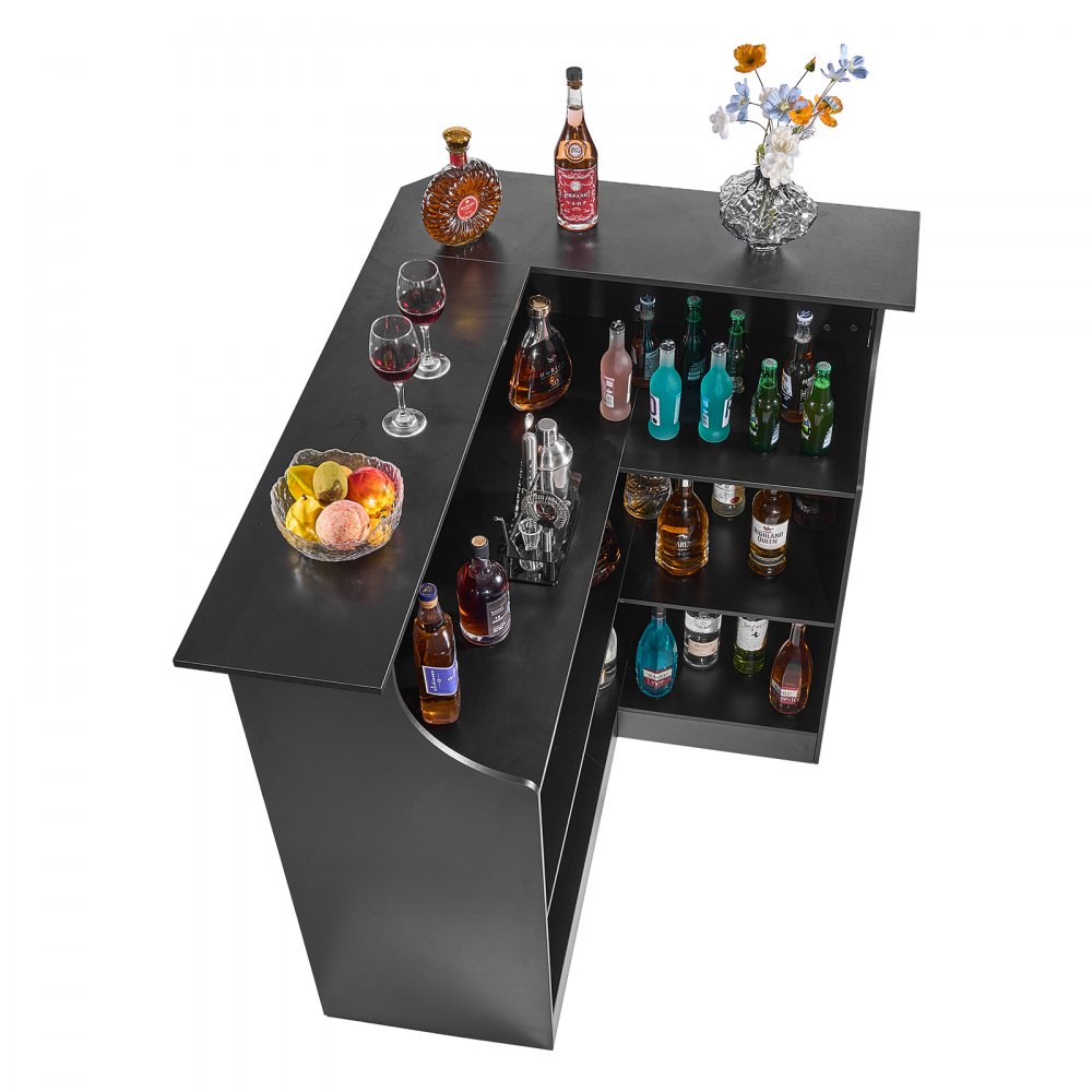 VEVOR L-Förmige Hausbar mit Stauraum, Bartheke mit 4 Ebenen & Weinglashalter, 136 kg Belastbar, Eck-Bartresen aus Holzwerkstoff für Zuhause Küche Wohnzimmer Keller, Bartisch 130 x 100 x 112 cm Schwarz