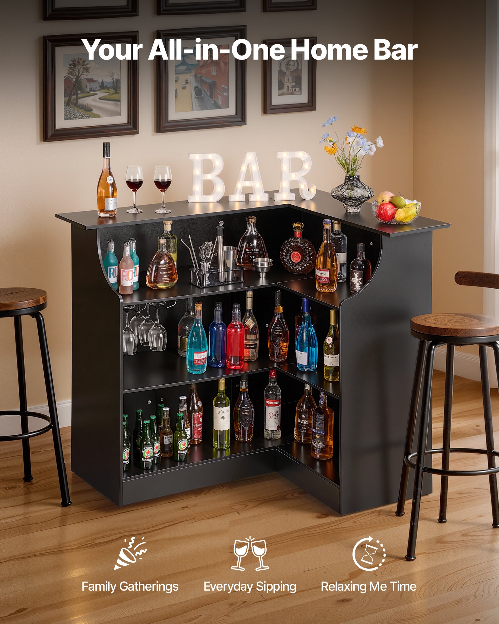 VEVOR L-Förmige Hausbar mit Stauraum, Bartheke mit 4 Ebenen & Weinglashalter, 136 kg Belastbar, Eck-Bartresen aus Holzwerkstoff für Zuhause Küche Wohnzimmer Keller, Bartisch 130 x 100 x 112 cm Schwarz