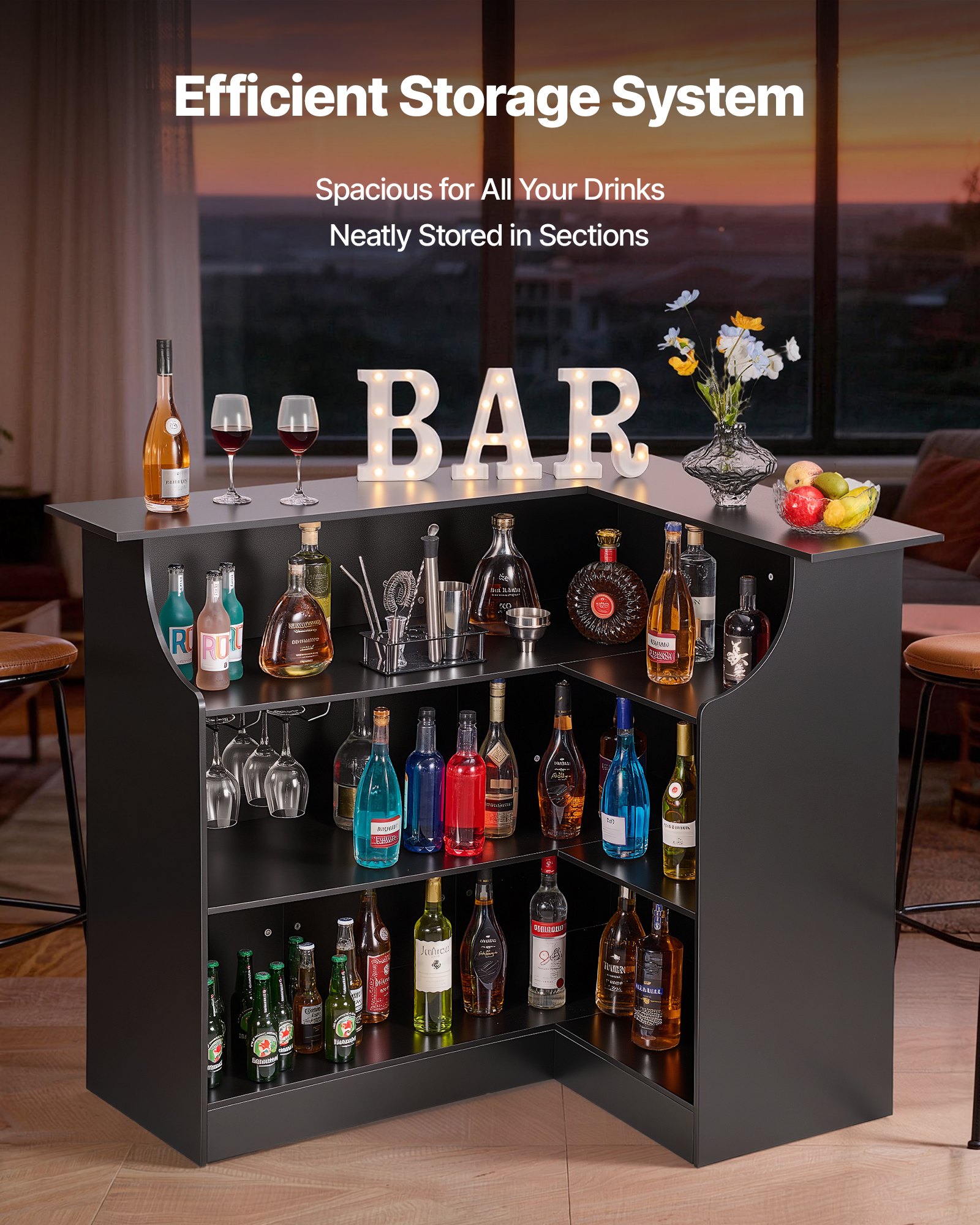 VEVOR L-Förmige Hausbar mit Stauraum, Bartheke mit 4 Ebenen & Weinglashalter, 136 kg Belastbar, Eck-Bartresen aus Holzwerkstoff für Zuhause Küche Wohnzimmer Keller, Bartisch 130 x 100 x 112 cm Schwarz