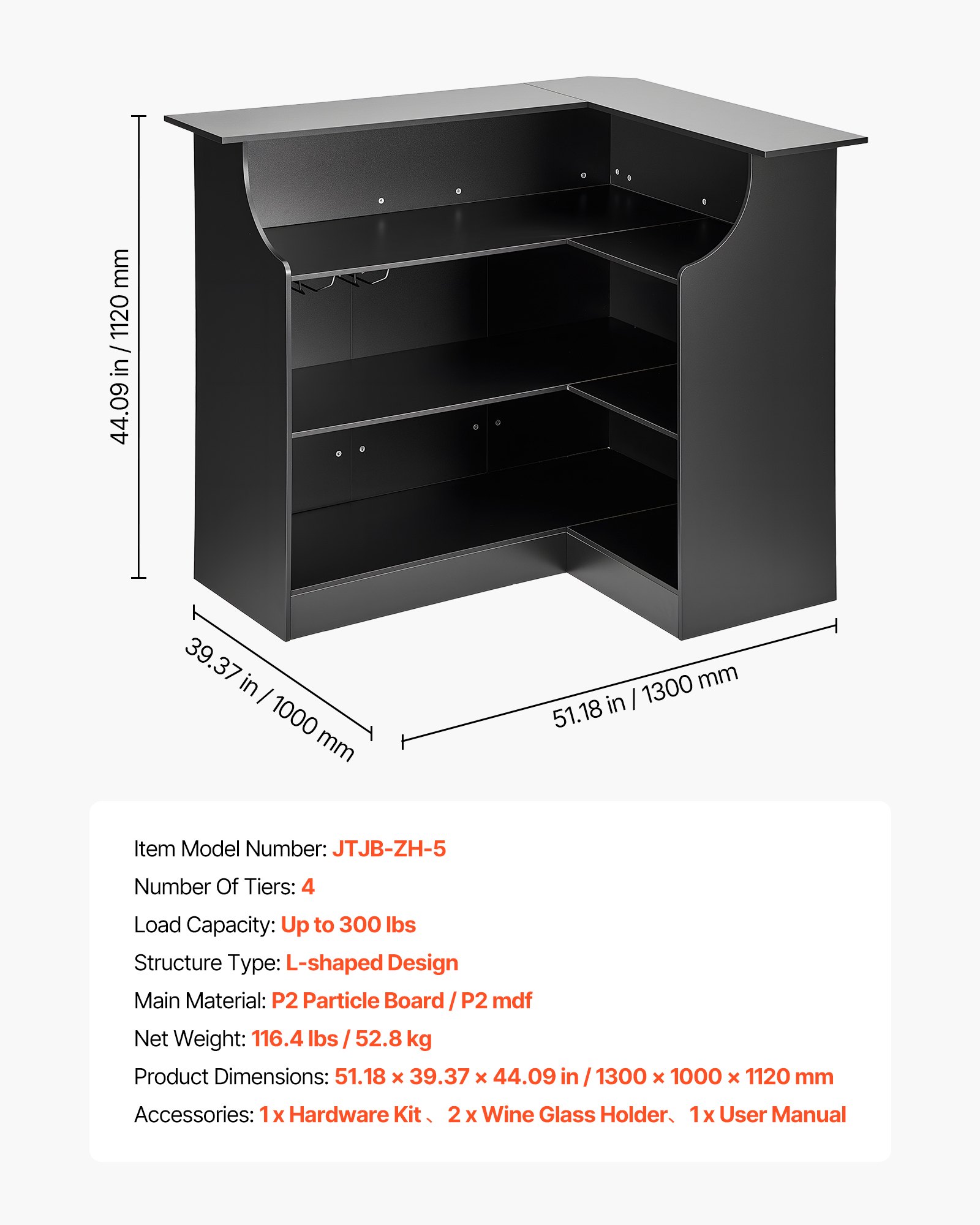 VEVOR L-Förmige Hausbar mit Stauraum, Bartheke mit 4 Ebenen & Weinglashalter, 136 kg Belastbar, Eck-Bartresen aus Holzwerkstoff für Zuhause Küche Wohnzimmer Keller, Bartisch 130 x 100 x 112 cm Schwarz